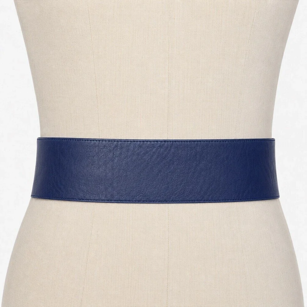 Vintage 80's Cobalt blue leather statement Belt with Gold Blue cabochon buckle